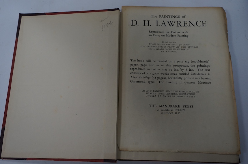 Lawrence, D.H. - The Paintings of D.H. Lawrence. Limited Edition (of 500 numbered copies). 26 coloured plates; contemp. maroon gilt ruled half morocco and cloth, gilt lettered spine, gilt top, folio. The Mandrake Press: